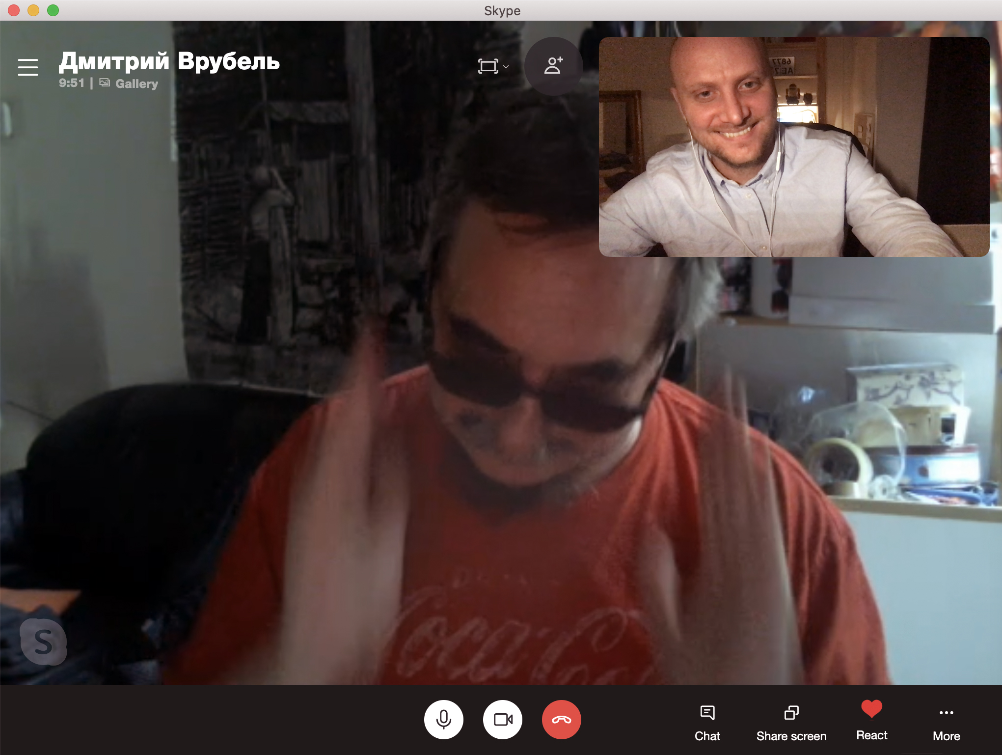 Denis Karagodin and artist Dmitri Vrubel during an online discussion of their collaborative projects.