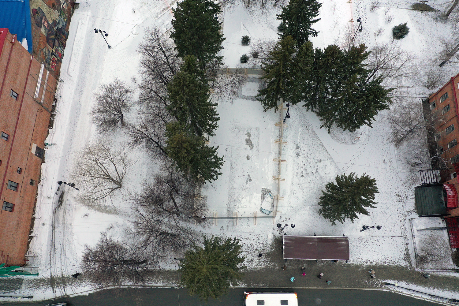 Aerial view of the Memory Square where the Stone of Sorrow memorial was dismantled.